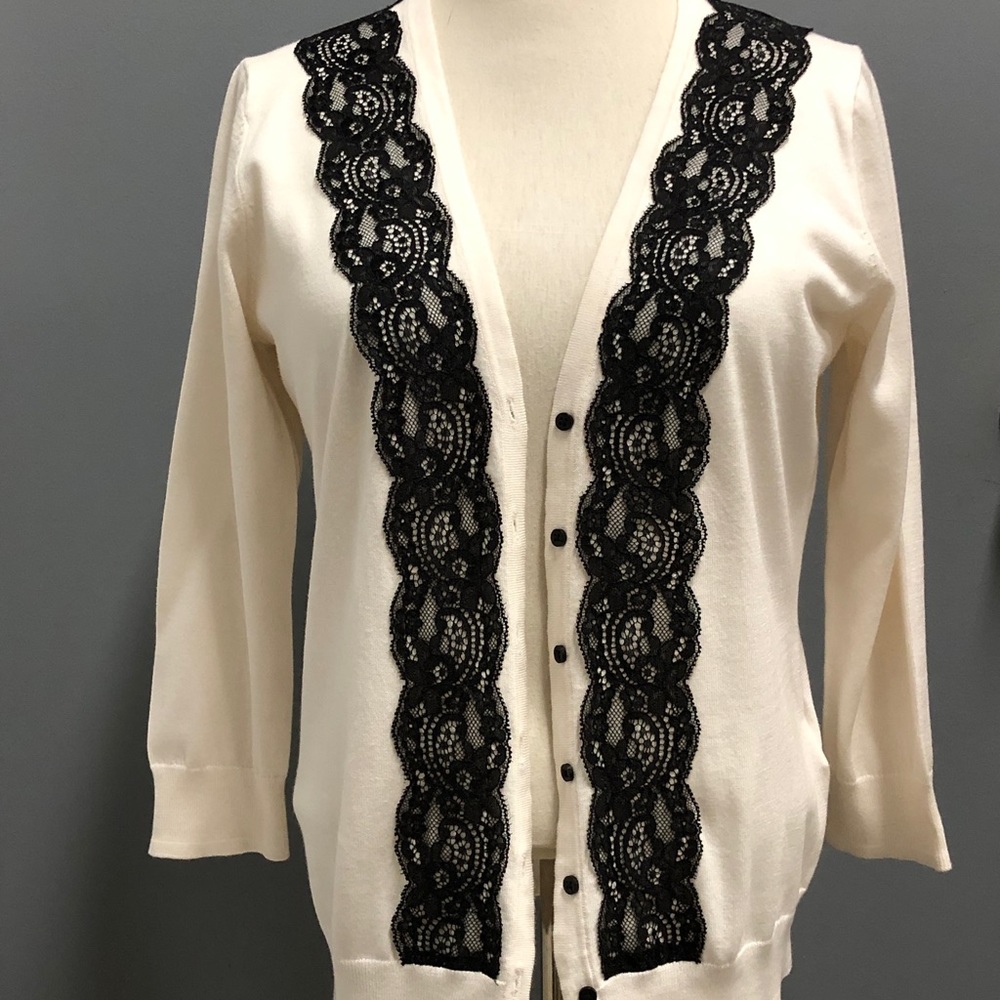 Ladies Knit & Lace Cardigan Sweater, Cream with Black Lace, Sz Med, Lightweight